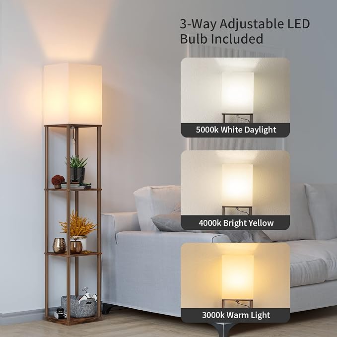 SUNMORY Floor Lamp with Shelves, Standing Lamps for Living Room, Brown