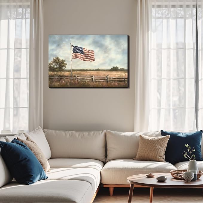 Framed Vintage American Flag Field Wall Art, Patriotic Rustic Canvas Art Pictures, USA Flag Wall Decor for Living Room Farmhouse Garage, Ready to Hang Made in USA