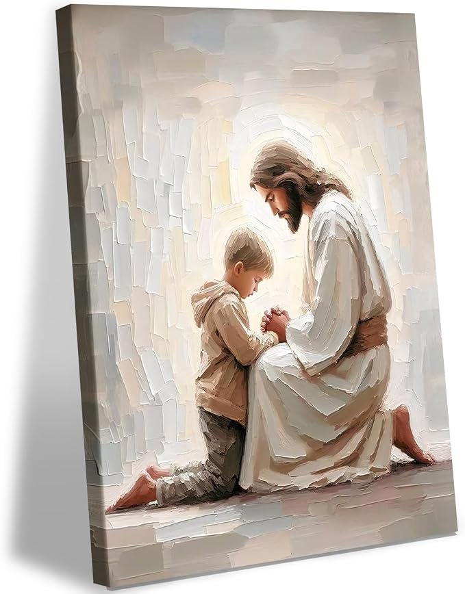 AUUAUU Jesus and Boy Praying Wall Art Christian Canvas Prints 16x24 Inches | Religious Painting Jesus and Children Picture Prints Artwork Christmas Wall Decor for Living Room Bedroom Ready to Hang