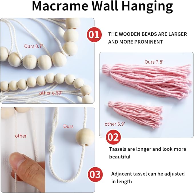 Pink&White Large Macrame Wall Haning Boho Decor,Blush Pink Tassel Wall Decor Bohemian, Pink Bedroom Living Room Girls Room Décor Nursery Dorm Decoration Boho Gift for Girls Woman Gifts