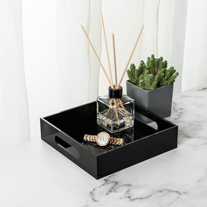 KEVLANG Black Sturdy Acrylic Tray with Handles-8x8 Inch- Countertop Organizer Tray for Kitchen,Bathroom,Office- Storage Box for Cosmetics, Jewelry,Toiletries,Toy,Gadgets