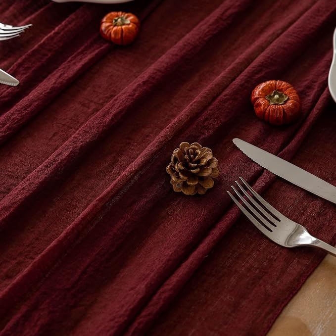 3Pcs Burgundy Cheesecloth Table Runner 120 Inches for Chirstmas Home Decor | For Wedding Baby Shower Bridal Shower Birthday Engagement Party 10FT Rustic Boho Home Decorations