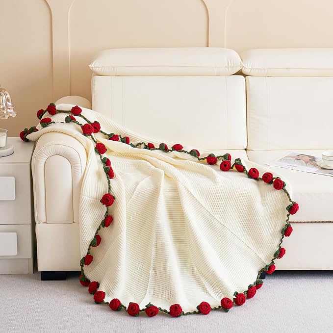 Crochet Flower Bouquet Throw Blanket, Handmade Knitted Blanket with Rose Flowers, Cute Romantic Gift for Her Girlfriend Mom Mother’s Day Valentine Wedding Anniversary Birthday (Without Packaging Bag)
