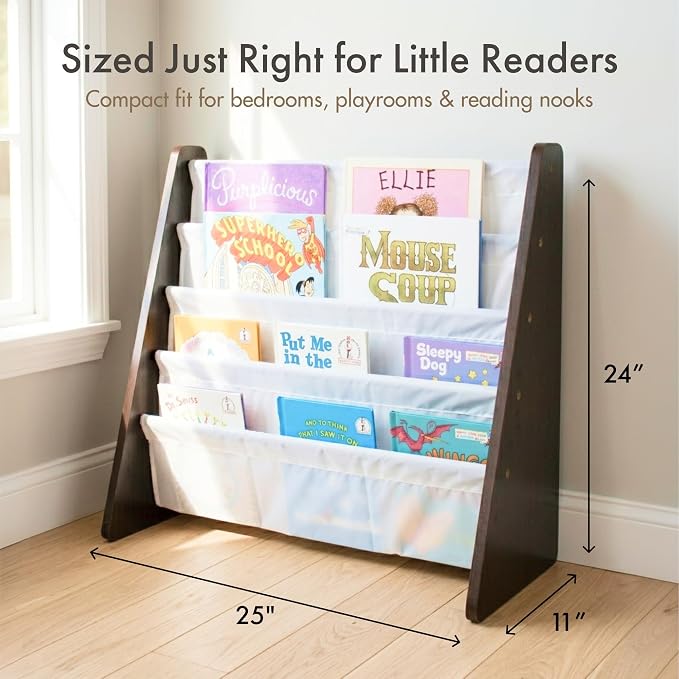 Humble Crew Kids Bookshelf, Montessori Front Facing Toddler Bookcase 4 Tier | Book display rack and reading nook organizer, nylon pockets show covers face out, compact for any playroom or bedroom space