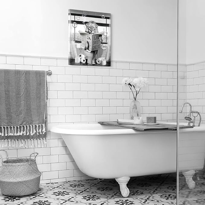 Funny Lion Wall Art Black and White Bathroom Print Farmhouse Bathroom Animals Wall Decor Lion Sitting in Toilet Reading Newspaper Painting Framed Artwork for Toilet 16x20 inch