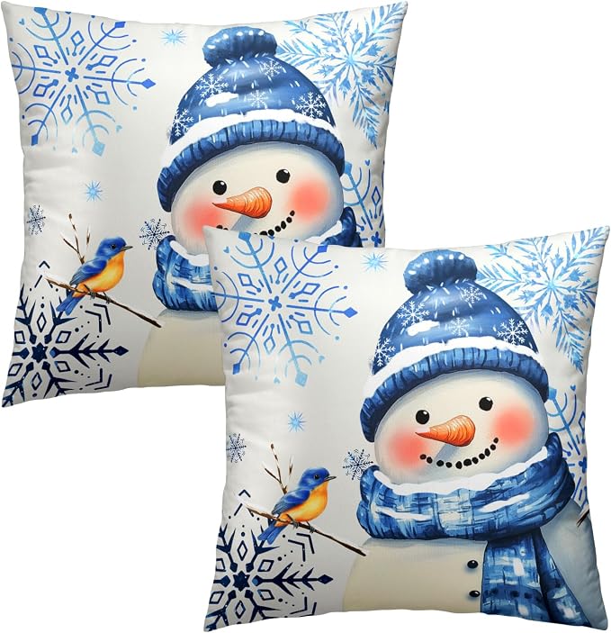 Winter Snowman Throw Pillow Covers 22x22 inch Set of 2 Christma Snowman Blue Snowflakes Bird Decorative Pillowcase Xmas Holiday Cushion Cover for Home Sofa Patio