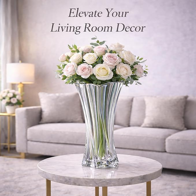 Crystal Glass Vase – Heavy Crystal Vase for Flowers with Weighted Bottom, Thick Durable Decorative Vases for Modern Home Decor, 9.8″ 3.5lb Clear Centerpiece (Transparent)