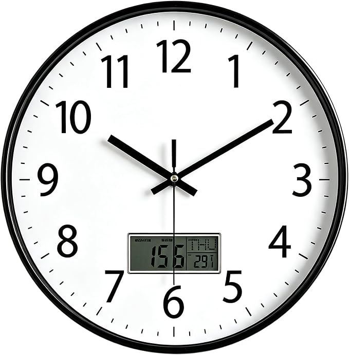 SIN&MI Wall Clock 12 Inch LCD Display Number Frame Glass Cover Non-Ticking Number Quartz Wall Clock Modern Quartz Design Decorative Indoor/Kitchen White