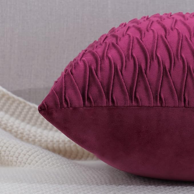 MADIZZ Set of 2 Super Soft Velvet Decorative Throw Pillow Covers 14x14 inch Burgundy Square with Texture Luxury Style Cushion Case Pillow Shell for Sofa Bedroom