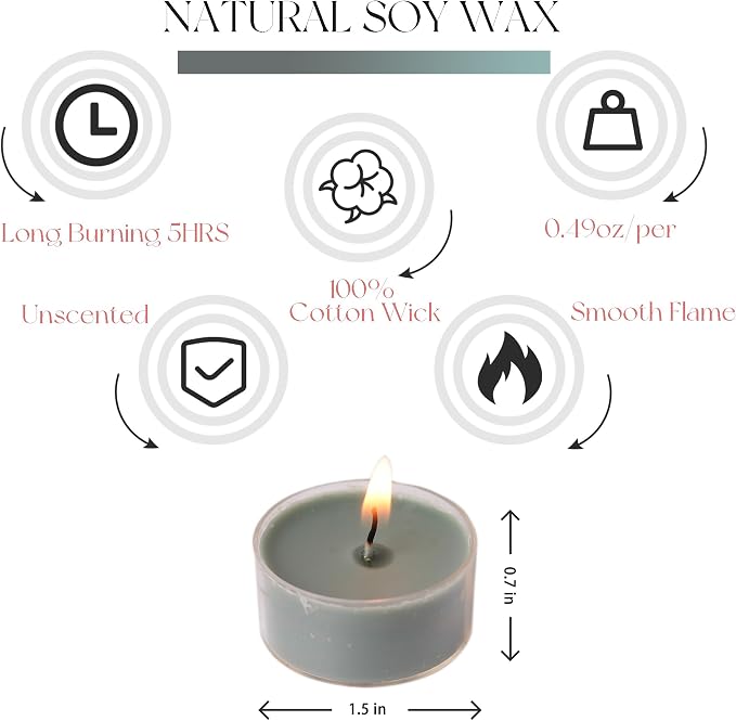 12 Green Unscented Natural Soy Tealight Candles in Clear Cup