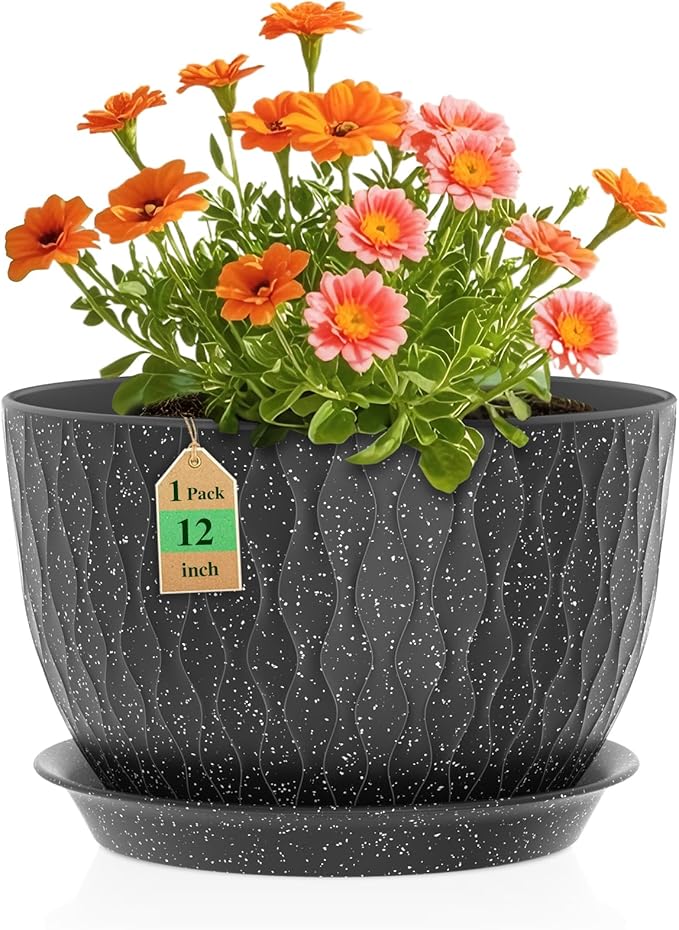 WSMKSZ 12 Inch Wide Water Ripples Flower Pots for Indoor or Outdoor Plants, Large Plant Pots with Drainage Holes & Saucer, Plastic Planters Set for Garden & Home Decor (Black with White Speckles)