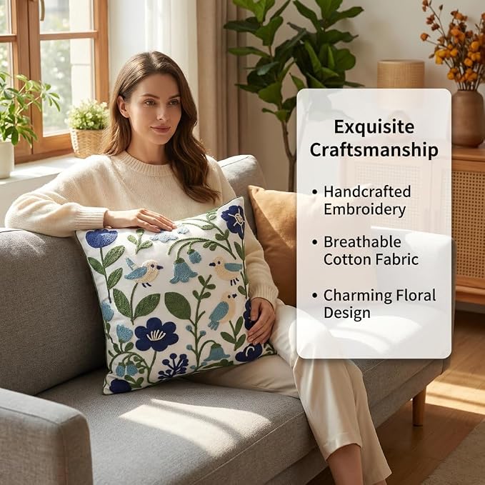 YIcabinet Pack of 2 Throw Pillow Covers, Embroidered Bird Flowers Pattern Throw Pillow Cover,Square Cotton Cushion,Pillow Case for Sofa Bedroom Couch,18"x18"