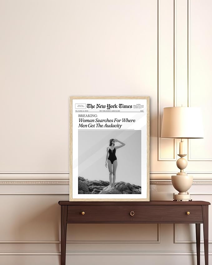 iHery 12x16in Where Men Get the Audacity Framed Newspaper Wall Art | Natural OAK Wood Frame with Canvas Print, Funny Magazine Decor for Bathroom, Bedroom, Girl Dorm and Living Room, 1Pack