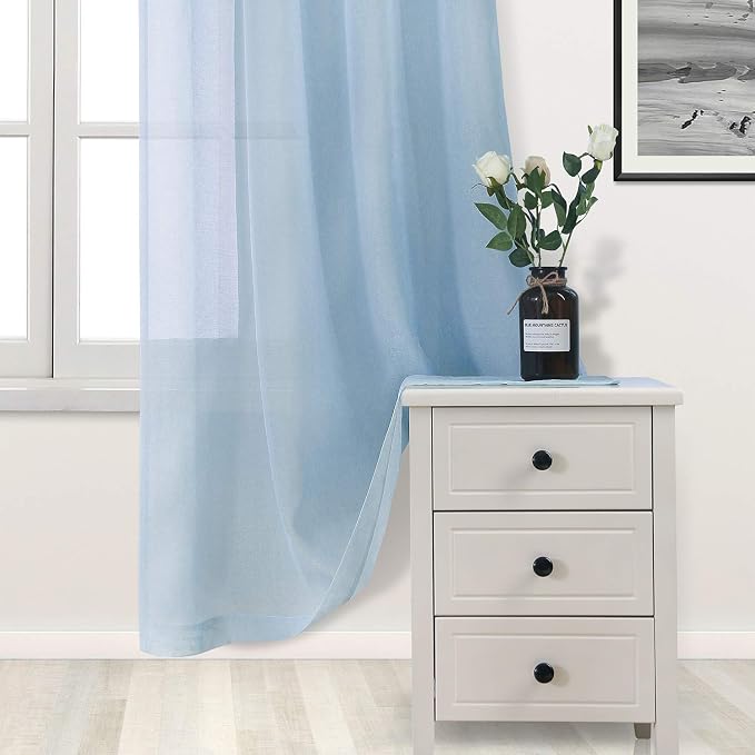 DWCN Sky Blue Faux Linen Sheer Curtains - Grommet Voile Window Curtain Drapes for Bedroom Living Room 52 x 72 inches Long, Set of 2