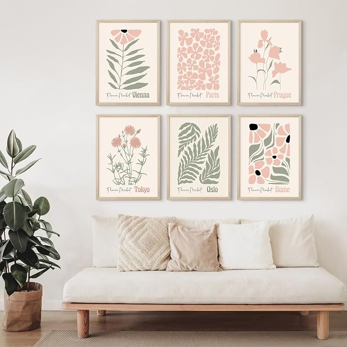 Baccone Boho Botanical Wall Art Prints Blush Pink Canvas Wall Decor Flower Market Wall Art Poster Abstract Aesthetic Pictures Pink Floral Artwork for Room Bedroom Set of 6 12x16 Inch Framed