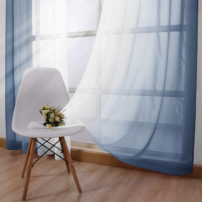 DWCN Ombre Sheer Curtains - Faux Linen Semi Voile Grommet Top Gradient Curtains for Bedroom and Living Room, Set of 2 Window Curtain Panels, 52 x 54 Inch Length, Denim Blue