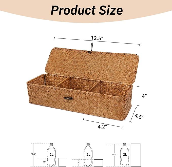 Nonam 3-Section Divided Storage Small Basket with Lid,Shelf Basket-Natural | Seagrass Organizer for Tea,Sugar,Coffee,Woven Shelf Bin for Closet,Toilet Tank,Rectangular Narrow Boho Basket Home Decor