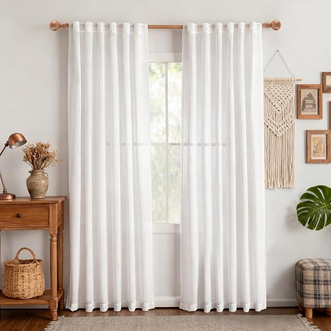 MYSKY HOME Patio White Sheer Curtains for Sliding Door 90 inch Length 2 Panels Set, Light Filtering Living Room Curtains & Drapes Soft Farmhouse Window Treatments Semi Sheer Draperies, 50" W x 90" L