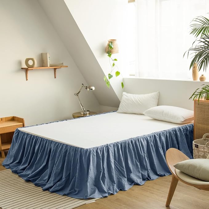 BISELINA French Linen Bed Skirt with Pleated Frills 14-Inch Tailored Drop Natural Flax Cotton Blend Dust Ruffle Soft Cozy Farmhouse Bedding (14" Queen, Navy Blue)