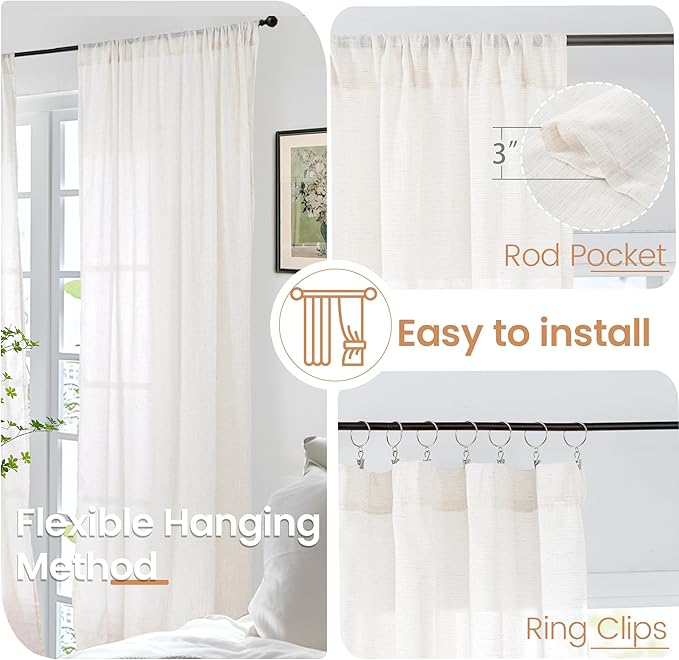 BGment Linen Curtains for Living Room 38X84 Inch Length, Semi Sheer Drapes | Lightweight Rustic Country Window Drapes Textured for Bedroom Farmhouse Dining Room Decor with Rod Pocket, 2 Panels Set