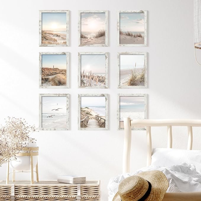 YESKAY 8x10 Picture Frame Set of 9, Display Pictures 5x7 with Mat or 8 x 10 Without Mat, Multi Photo Frames for Wall Mounting or Table Top Display, Distressed White
