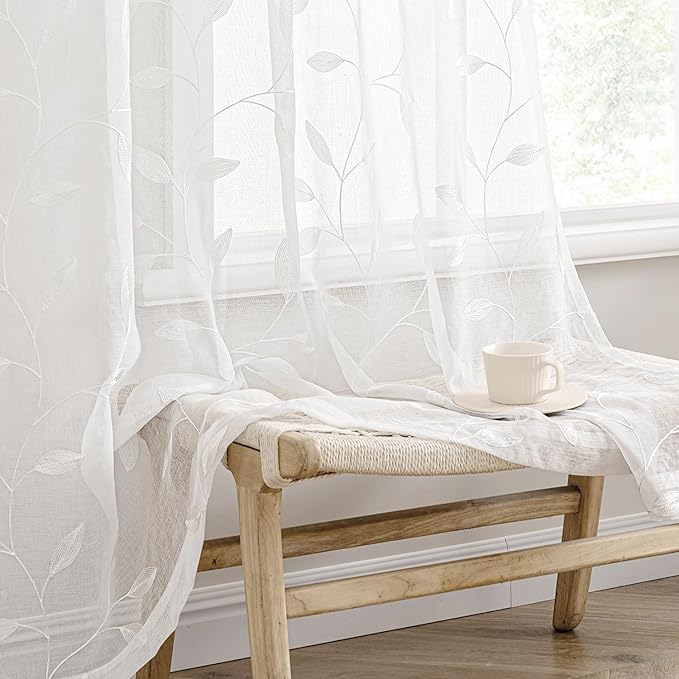 MIULEE White Sheer Curtains 2 Panels Embroidered Leaf Patterned, W52 x L84 | Embroidered Floral Semi Sheer,Rod Pocket,Faux Linen,Short Window Curtains Drapes Set for Kitchen/Bathroom/Cafe