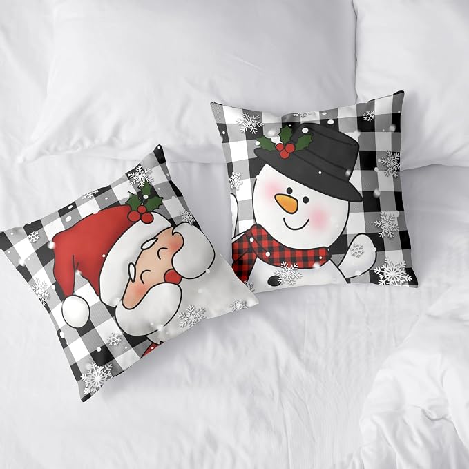 Santa Snowman Christmas Pillow Covers 22x22 Black and White Plaid Winter Throw Pillows Cases Warm Touch Xmas Decorative Cushion Cases for Indoor Bed Sofa in 2 Pcs