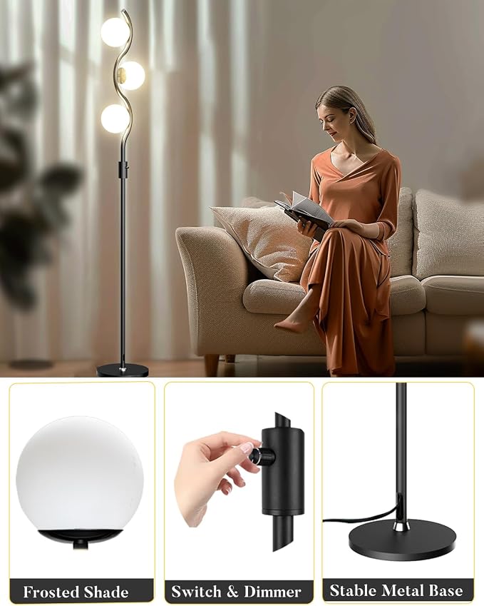 3 Globe Floor Lamp Dimmable Black Floor Lamps with 3 Soft Warm White 3000K Bulbs, Mid Century Modern Standing Tall Lamp with 5Lbs Heavy Basefor Living Room Bedroom Home Decor Sofa Beside