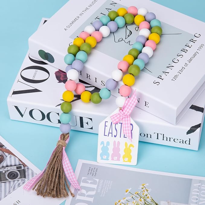 Easter Wood Bead Garland, 38.6" Spring Wood Beads Garland with Tassel, Wooden Beaded Easter Boho Decor Farmhouse Rustic Hanging Decorations for Home Room Wall Tiered Tray Shelf, Easter Bunny