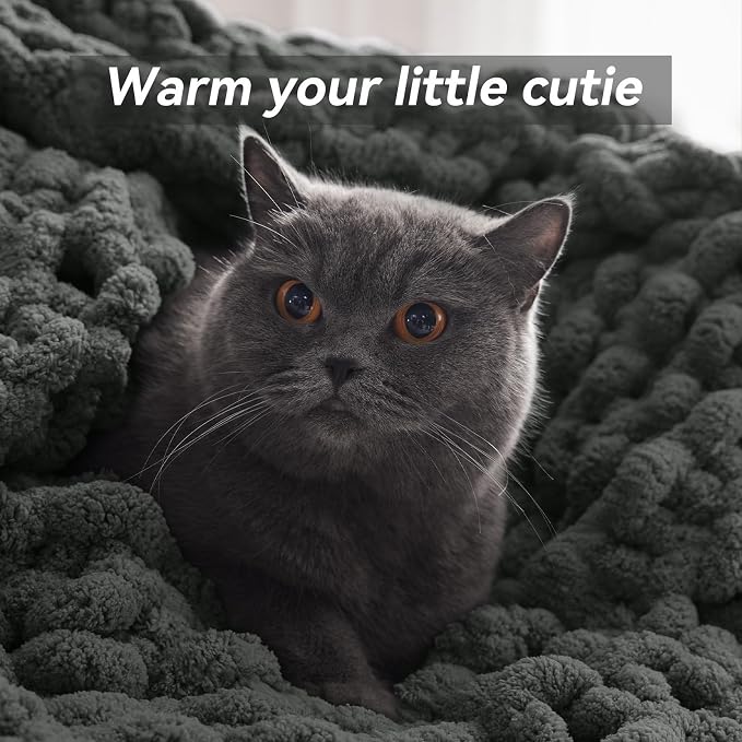 Negwoo Chunky Knit Throw Blanket, Knitted Throw Chenille Yarn, 50"*60" | Soft Thick Cable Knitted Blankets, Handmade Big Thick Blanket, Machine Washable Cute Comfy Blanket for Home Decor, Dark grey