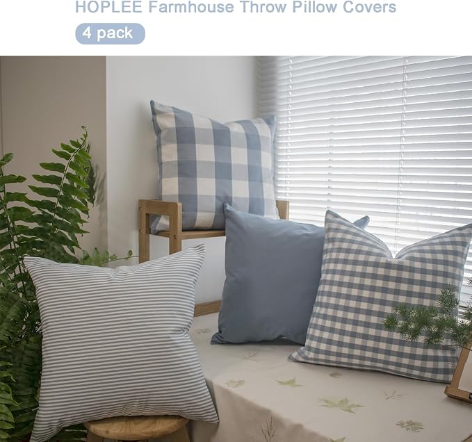 HOPLEE Light Blue Pillow Cover Cushion Cover with Buffalo Plaid, Solid Light Blue, Striped and Gingham Plaid Design 20x20 inches,4 Pack
