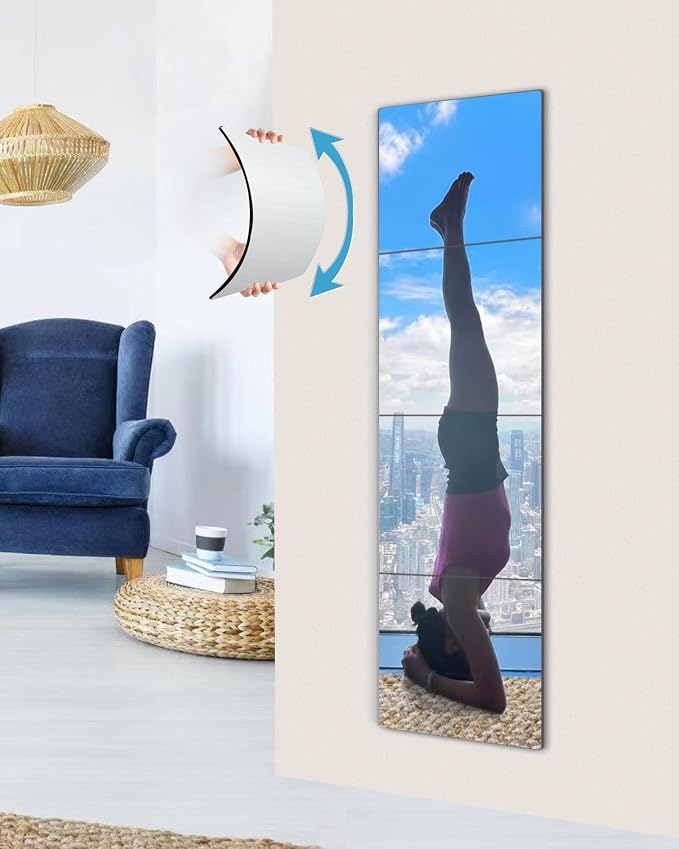quegau Full Length Safety Shatterproof Mirror for Kids, Plastic Wall Mirror Made of Acrylic Plexiglass, 4 Pcs 16" x16", Long Bedroom Door Closet Mirror for Home Gym Body Workout