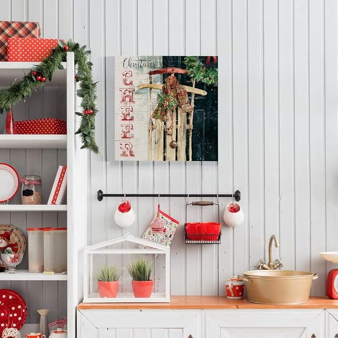 Renditions Gallery Xmas Wall Prints for Home Decor Christmas Cheer Sled Canvas Hanging Artwork for Bedroom Living Room & Kitchen Decorations - 16"X16" LT05