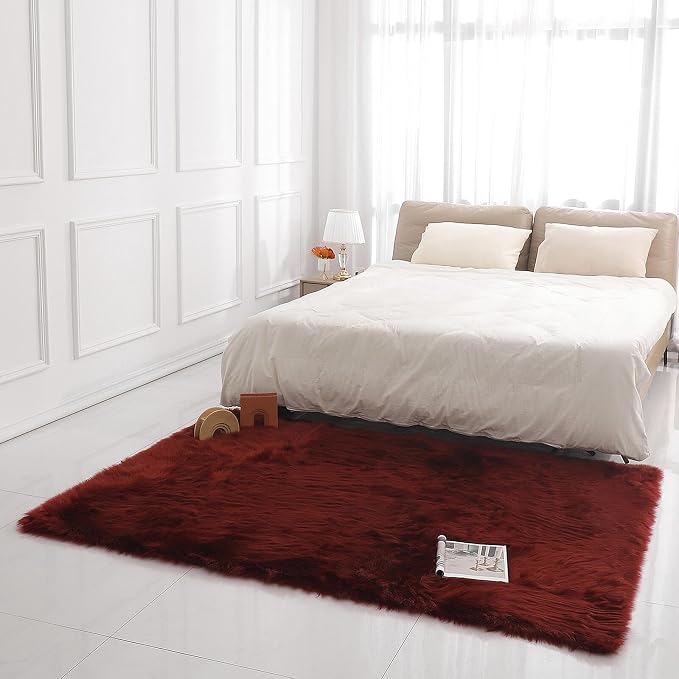 linmopm Faux Fur Rug Sheepskin Shag Fluffy Fuzzy Red 5x7 ft Rugs for Bedroom Bedside Bed Floor Living Room Plush Rectangle High-Density Cushion Carpet Super Sofa Cover
