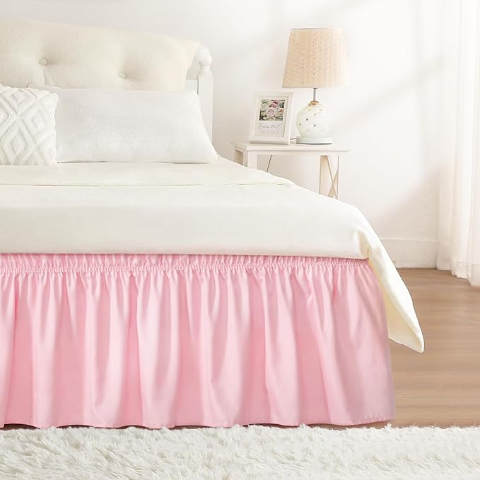 RIMELA Pink Bed Skirt Queen Size 18 Inch Drop, Elastic Bed Skirting for Bed Base and Frame, Bedding Dust Ruffle Easy to Install, Lightweight Wrap Around Adjustable Bedskirt | Solid Ruffled, Easy to Use, No Mattress Lifting, Wrinkle & Fade Resistant, wi...
