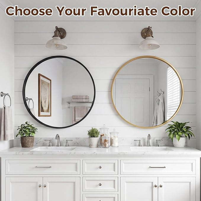 Sweetcrispy 30 Inch Round Wall Mirror, Bathroom Mirrors for Over Sink | Matte Metal Framed, Wall Decor for Bedroom, Entryway, Anti-Rust, Tempered Glass, Hanging or Leaning, Gold