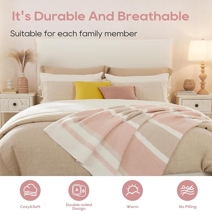 Soft Striped Throw Blanket for Couch, Cozy Warm Knitted Blankets | Lightweight Fuzzy Travel Warm Decor for Women, Mom, Girls, Sofa, Chair, 50x60in, Pink Khaki