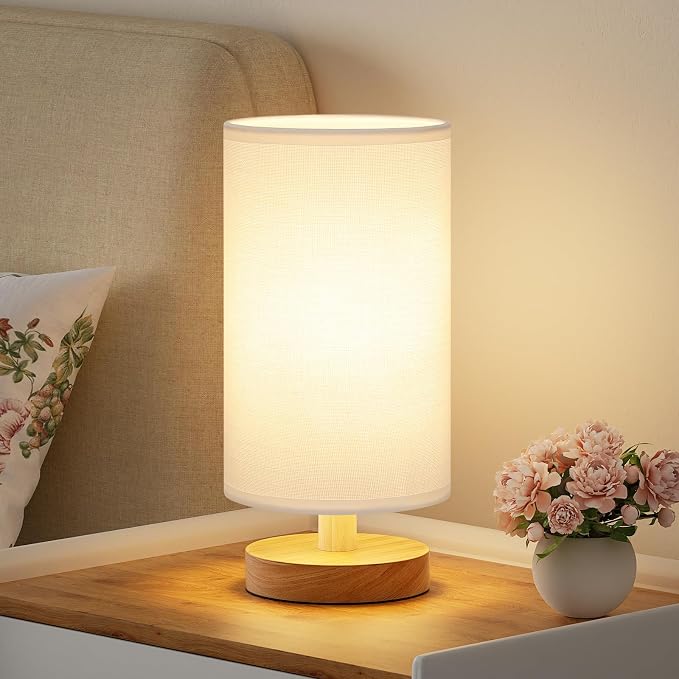 Fenmzee Small Table Lamps (White Shade - Wood Base, 9" Inline Control)