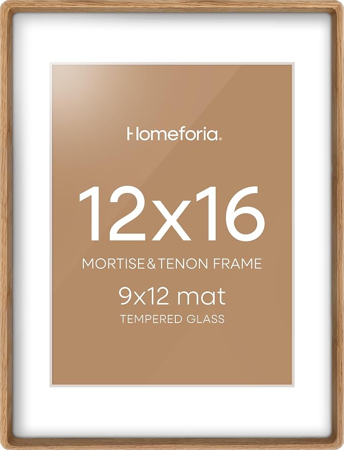 Homeforia 12x16 Mortise&Tenon Natural Oak Picture Frame, 9x12 Mat, Glass