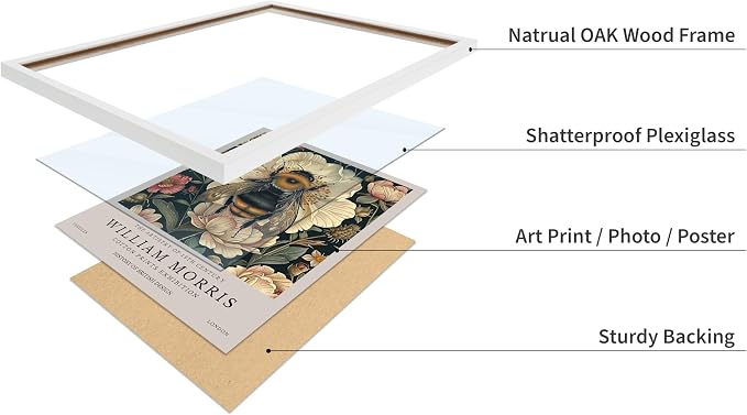 Poster Master William Morris Poster - Bumble Bee Print - Flower Art - Botanical Art - Exhibition Illustration - Animal Illustration - Floral Painting - Bee Artwork - Aesthetic Office or Bedroom Decor - 16x20 White Framed
