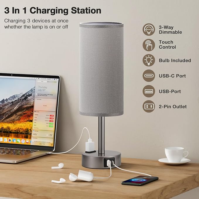 Fenmzee Grey Bedside Lamp for Bedroom, Dimmable Touch, USB A+C, AC Outlet