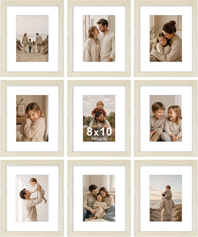 Vittanly 8x10 Picture Frames Set of 9 for Wall Mount or Tabletop, Cornsilk | Display Pictures 5x7 with Mat or 8x10 without Mat, Small Photo Frames, Engineered Wood with Shatter Resistant Plexiglass