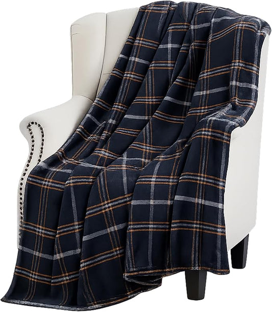 Halloween Fall Fleece Throw Blanket, Black White Orange Plaid, 50x60 | Ultra-soft cozy flannel fleece, for sofa bed couch chair & dorms, spooky Halloween décor, durable and machine washable.