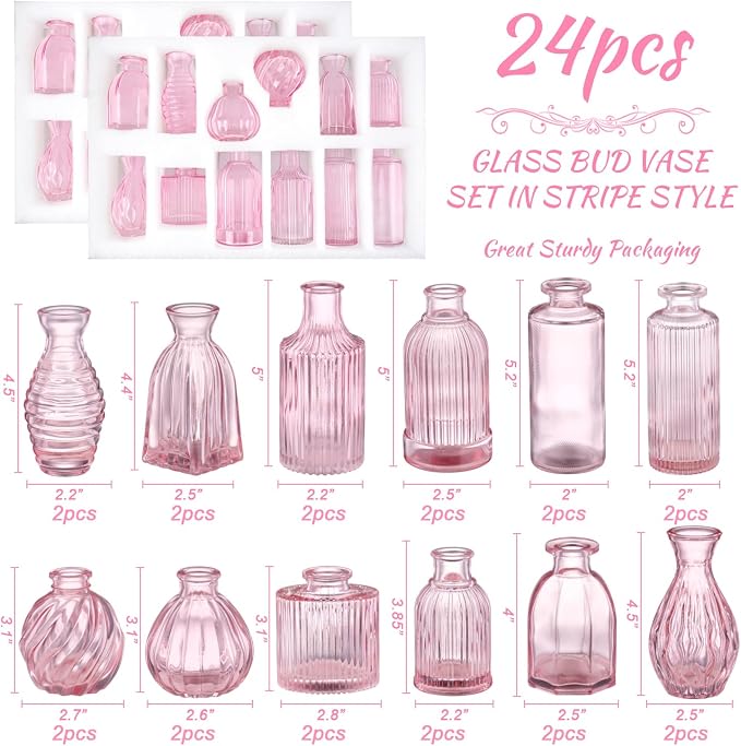 Pink Glass Bud Vases in Bulk 24 Pink Vase Small Vases for Decor | Modern Ribbed Glass Bud Vase for Wedding Flower Vase Bulks Vintage Decor Bridal Shower Centerpieces Home Table Decoration