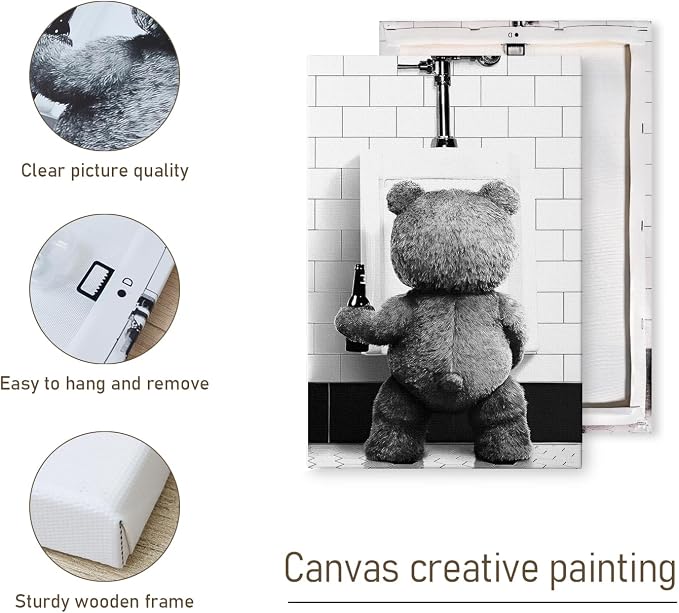 DIHSIEG Funny Teddy Bear Bathroom Wall Art Toilet Humor Canvas Print 12x16 | Unframed Modern Decor for Powder Room, Above Toilet Decoration, Restroom Accent, Unique Wall Hanging Gift for Home & Friends