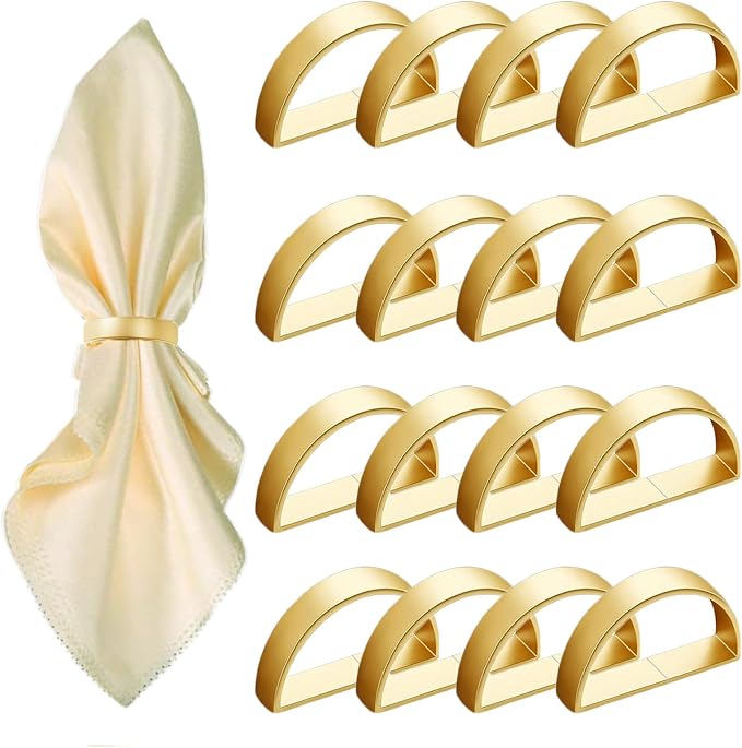 16 Pcs Matt Gold Napkin Rings - Metal Napkin Ring(Semicircle) | Stainless Steel Napkin Rings for Table Settings Wedding Christmas Party Dinner Table