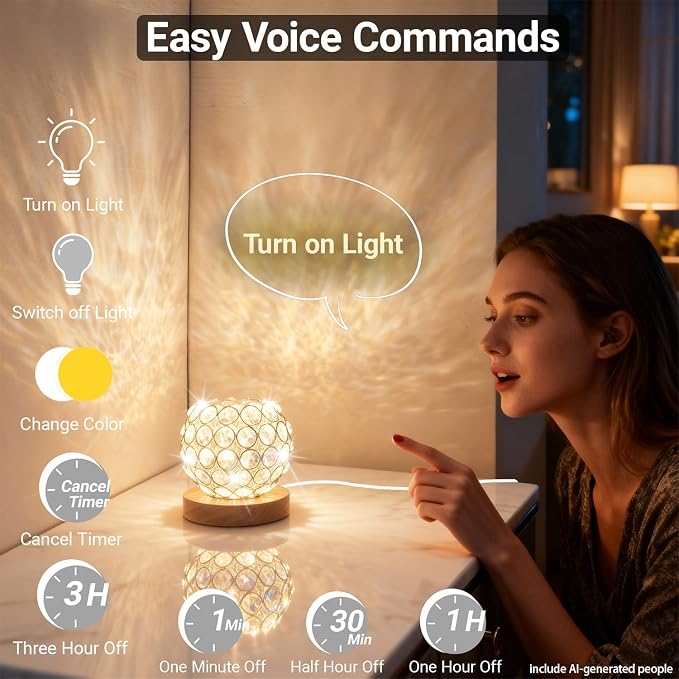 Crystal Mood Table Lamp, Voice Control K9 Glass Sphere Light, Wood Base