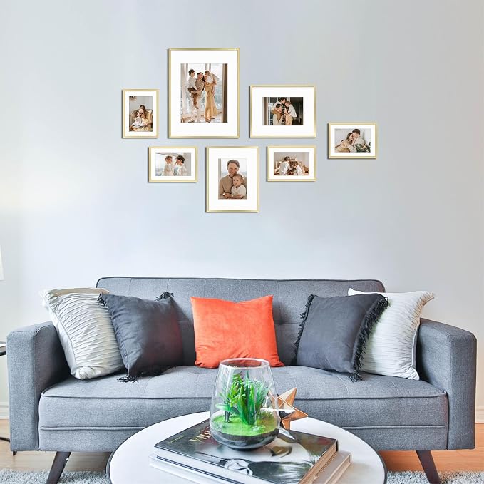 Golden State Art 7 Pack Gold Aluminum Frame with White Mat, Real Glass | Includes One 11x14, Two 8x10, Four 5x7 Frames with Sawtooth Hangers for Wall Mounting. Great for gallery wall