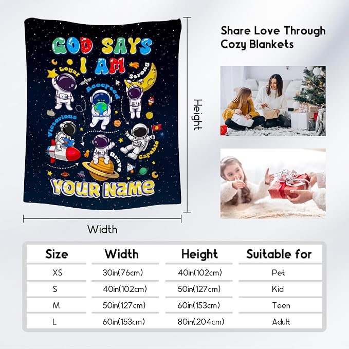 Personalized Planet Blanket, Kids Throw Blanket for Boys, Planet Gifts for Toddler Child, God Says I Am Blanket for Kids, Inspirational Gifts for Son, Soft Throw Blankets for Living Room, 60"x80"