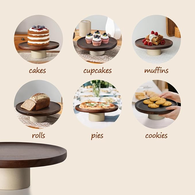 CEEFU 11 inch Rustic Acacia Wood Cake Stand Wedding Dessert Display | Natural Wooden Clay, Farmhouse Serving Stand for Cupcake Dessert Bites Display in Party, Birthday, Beautiful Kitchen Decor